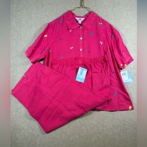 AKS Amy KSU Set 2X Pink Under The Sea Embroidered Short Sleeve Button Up & Pants